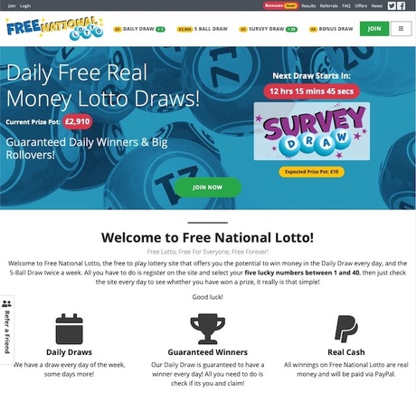 FreeNationalLottery Homepage Screenshot