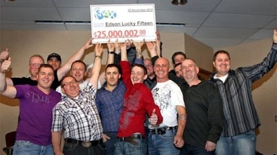 Lotto Max Oil Rig Lottery Pool Winners Smiling with Cheque