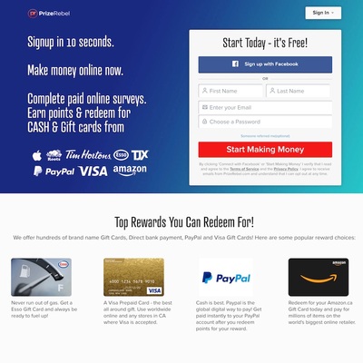PrizeRebel Free Lottery Homepage